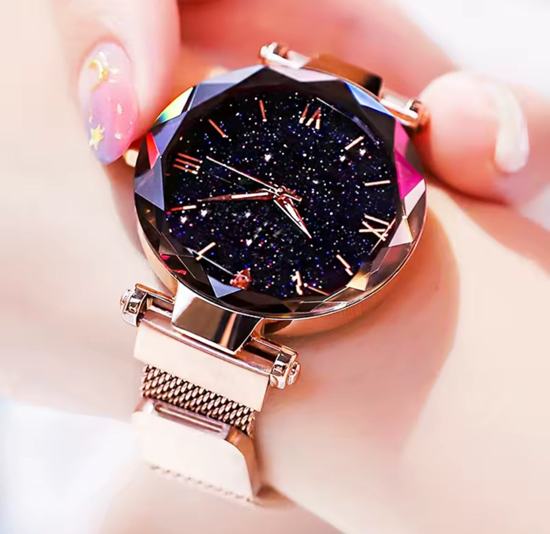 Orologio da donna con sfondo stellato, orologio al quarzo, cintura in rete