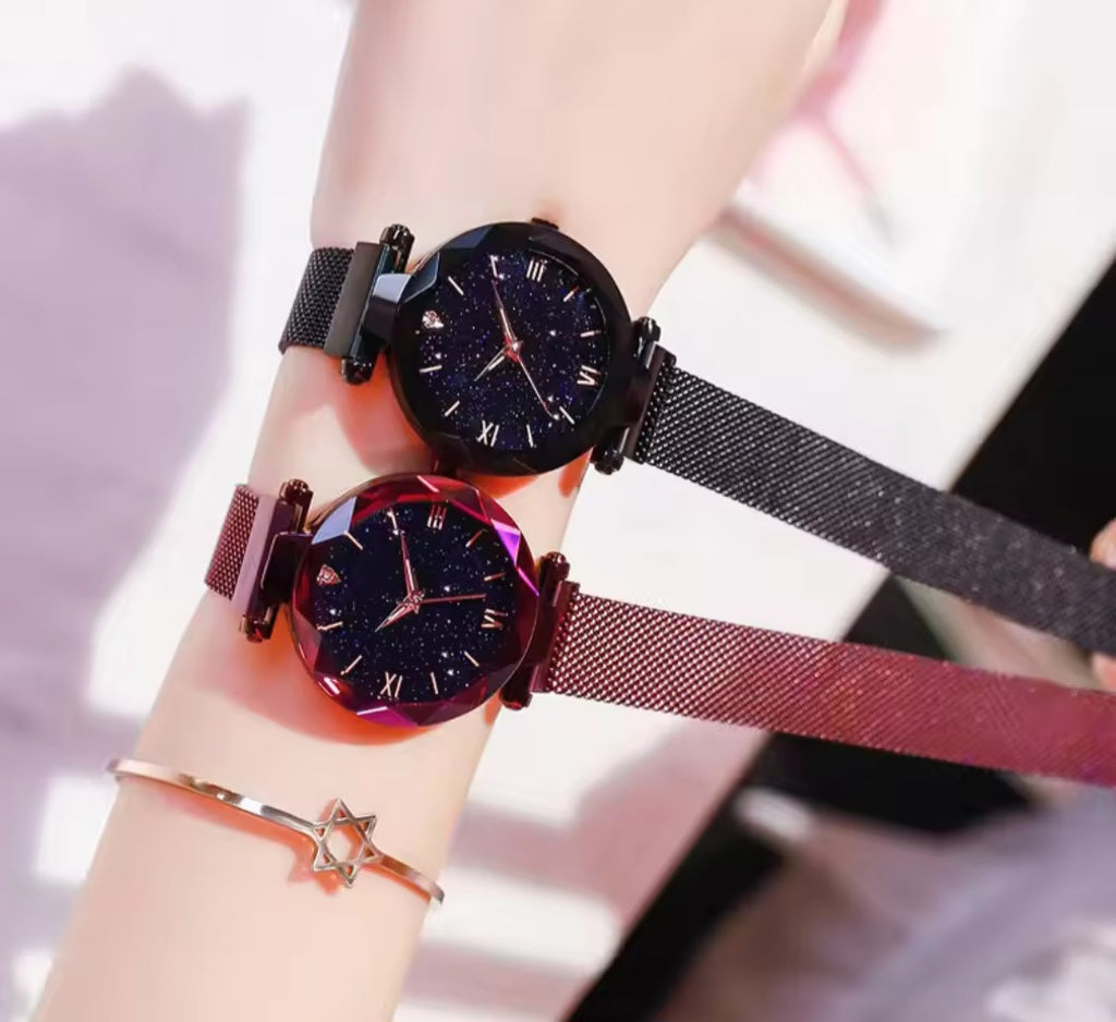 Orologio da donna con sfondo stellato, orologio al quarzo, cintura in rete